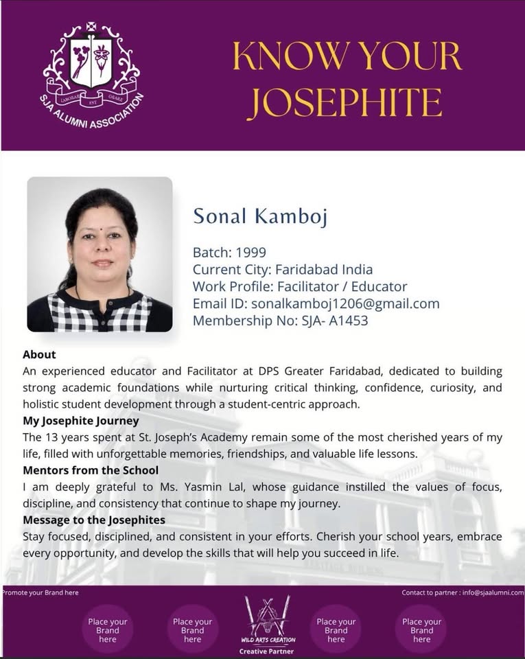 Original SJAA Know Your Josephite profile of Sonal Kamboj
